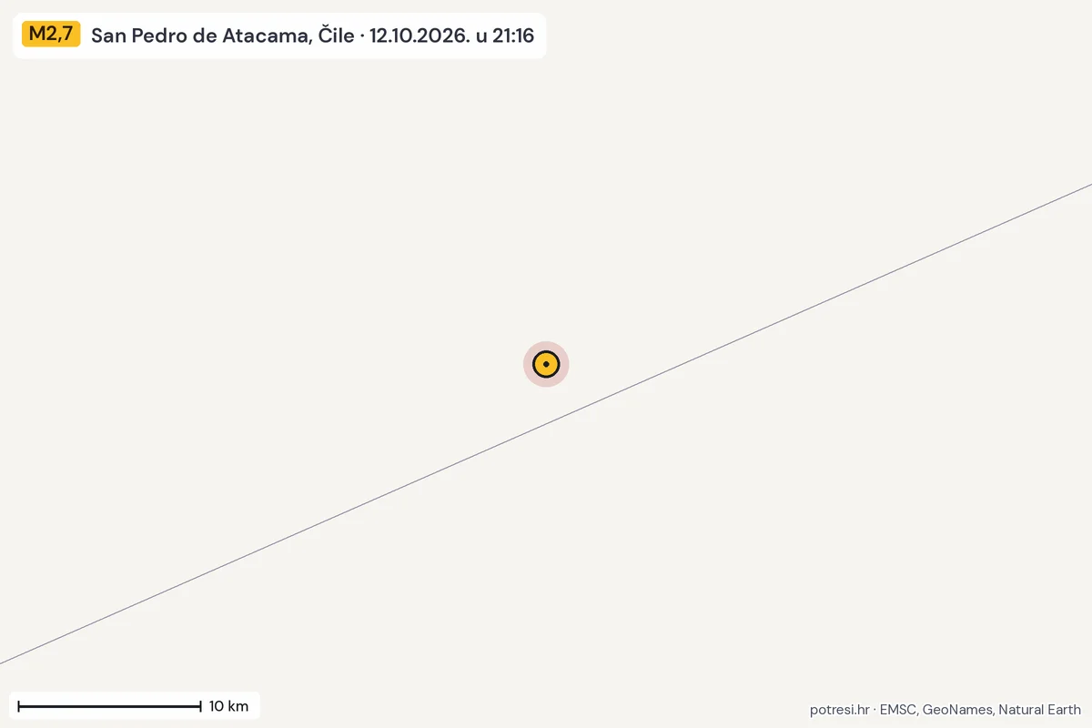 Karta: okolica epicentra, 60 km, potres M2,7, San Pedro de Atacama, Čile, 12.10.2026.