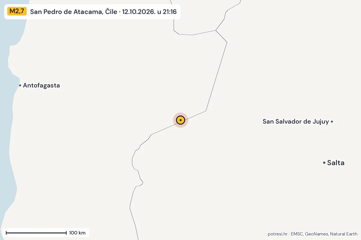 Karta: šire područje, 600 km, potres M2,7, San Pedro de Atacama, Čile, 12.10.2026.