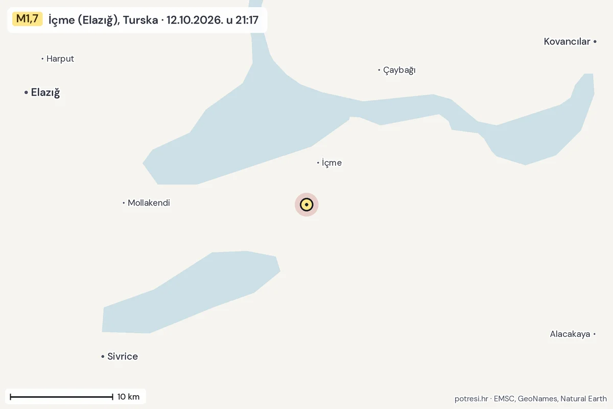 Karta: okolica epicentra, 60 km, potres M1,7, İçme (Elazığ), Turska, 12.10.2026.