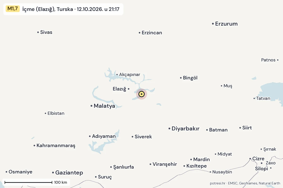 Karta: šire područje, 600 km, potres M1,7, İçme (Elazığ), Turska, 12.10.2026.