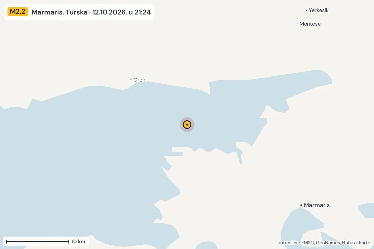 Karta: okolica epicentra, 60 km, potres M2,2, Marmaris, Turska, 12.10.2026.