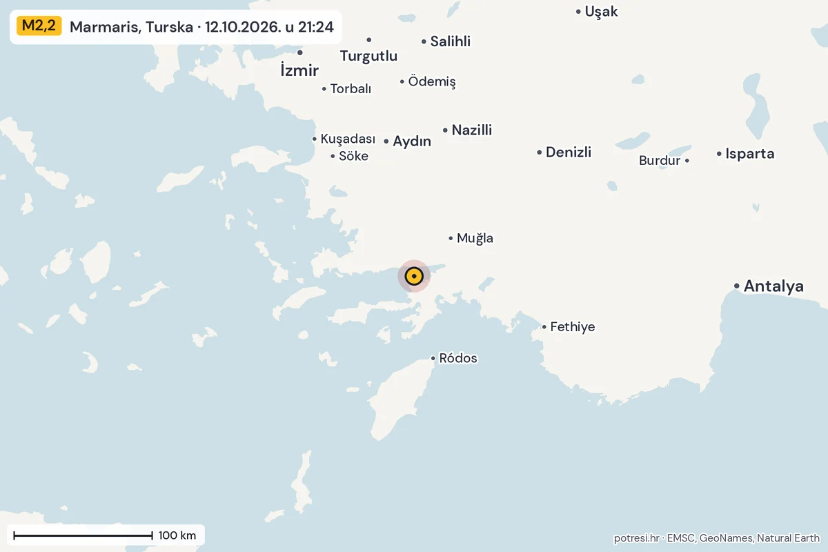 Karta: šire područje, 600 km, potres M2,2, Marmaris, Turska, 12.10.2026.