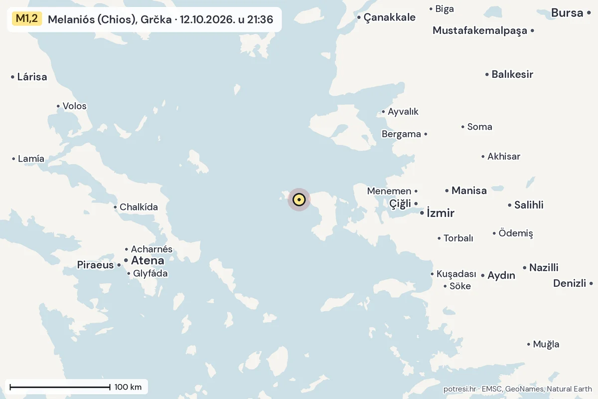 Karta: šire područje, 600 km, potres M1,2, Melaniós (Chios), Grčka, 12.10.2026.