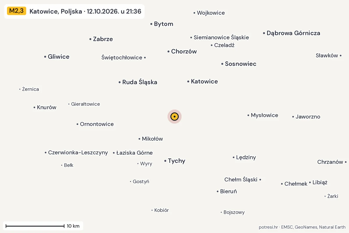 Karta: okolica epicentra, 60 km, potres M2,3, Katowice, Poljska, 12.10.2026.