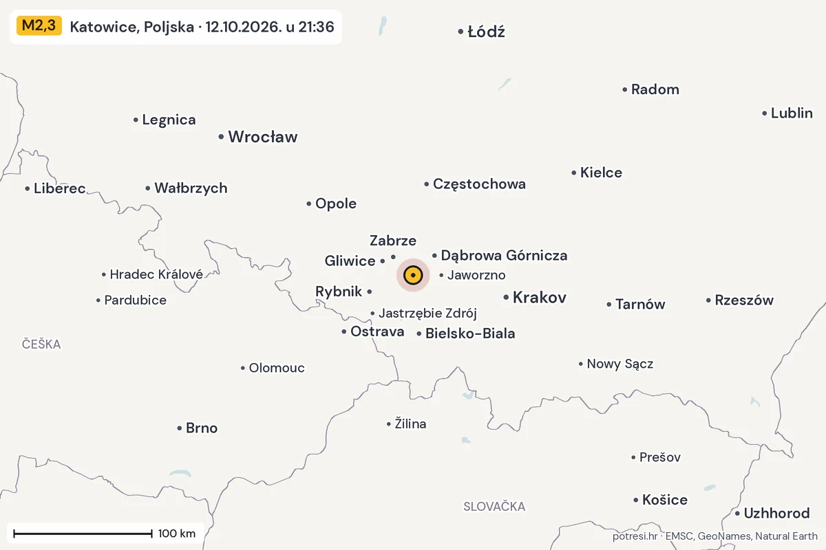 Karta: šire područje, 600 km, potres M2,3, Katowice, Poljska, 12.10.2026.