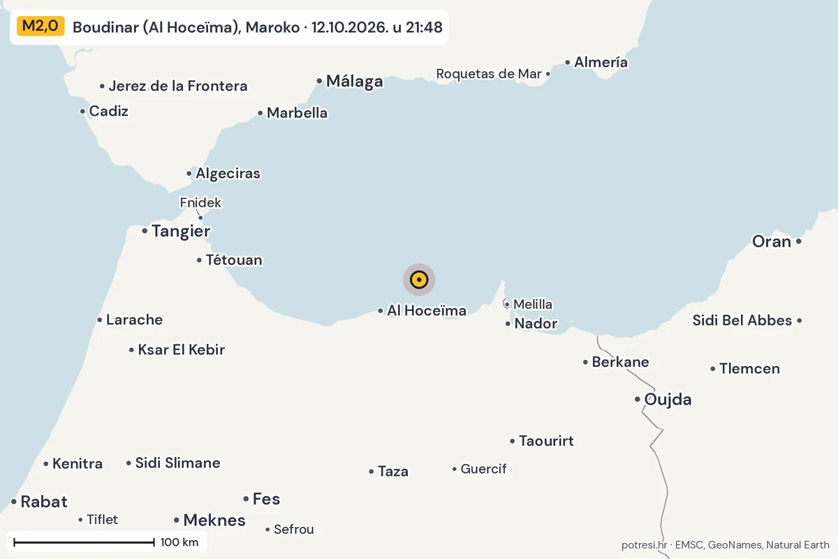Karta: šire područje, 600 km, potres M2,0, Boudinar (Al Hoceïma), Maroko, 12.10.2026.
