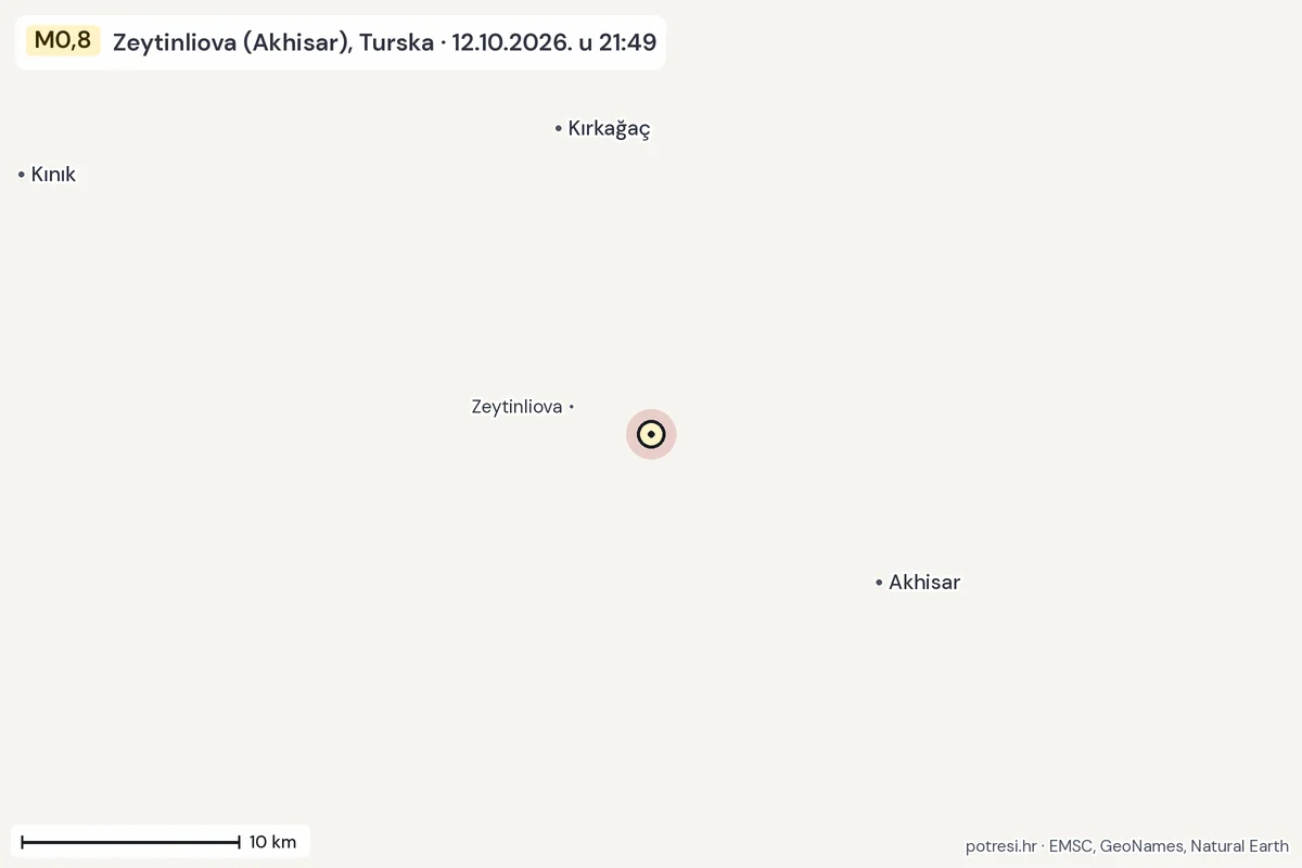 Karta: okolica epicentra, 60 km, potres M0,8, Zeytinliova (Akhisar), Turska, 12.10.2026.