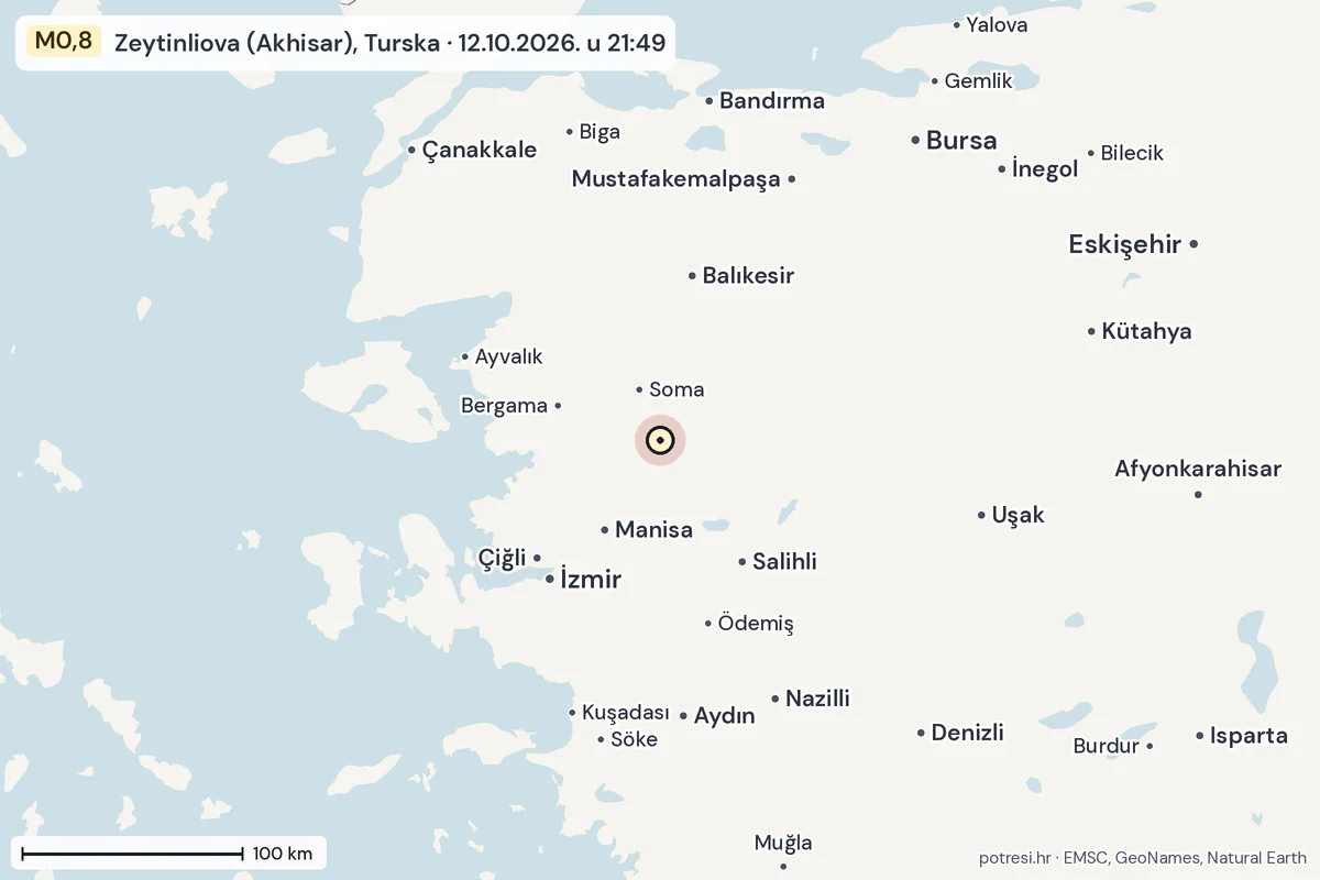 Karta: šire područje, 600 km, potres M0,8, Zeytinliova (Akhisar), Turska, 12.10.2026.