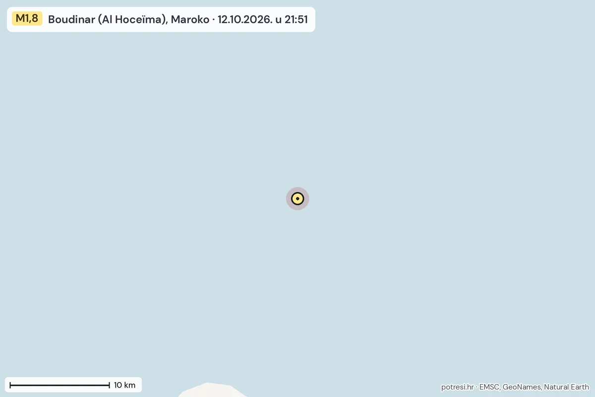 Karta: okolica epicentra, 60 km, potres M1,8, Boudinar (Al Hoceïma), Maroko, 12.10.2026.