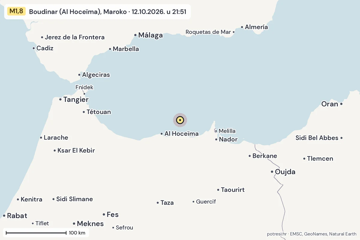 Karta: šire područje, 600 km, potres M1,8, Boudinar (Al Hoceïma), Maroko, 12.10.2026.
