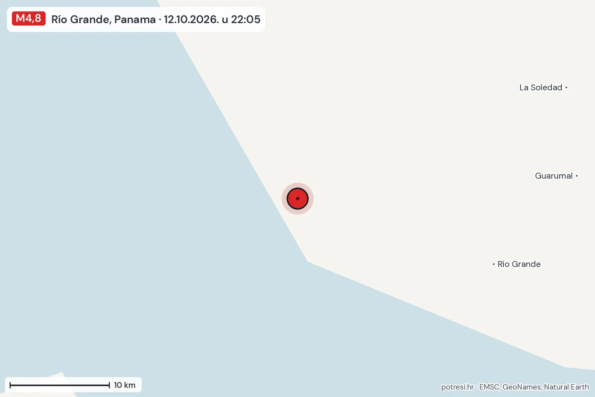 Karta: okolica epicentra, 60 km, potres M4,8, Río Grande, Panama, 12.10.2026.