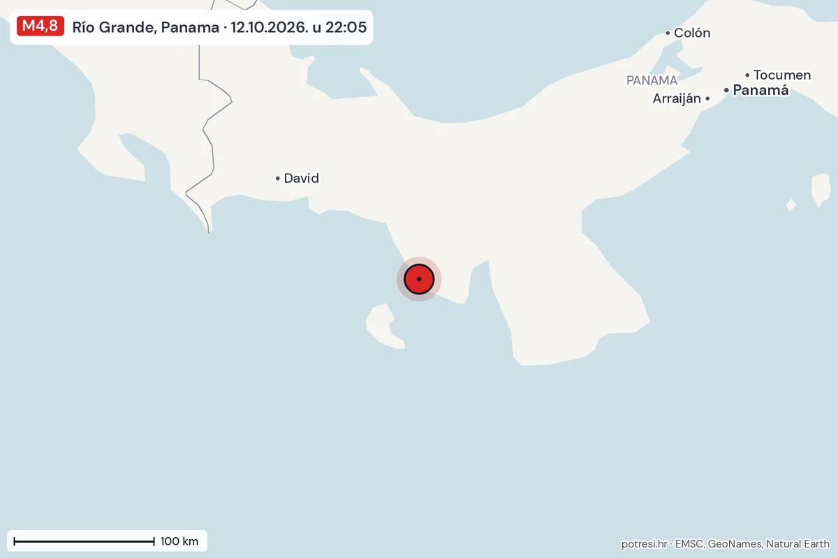 Karta: šire područje, 600 km, potres M4,8, Río Grande, Panama, 12.10.2026.