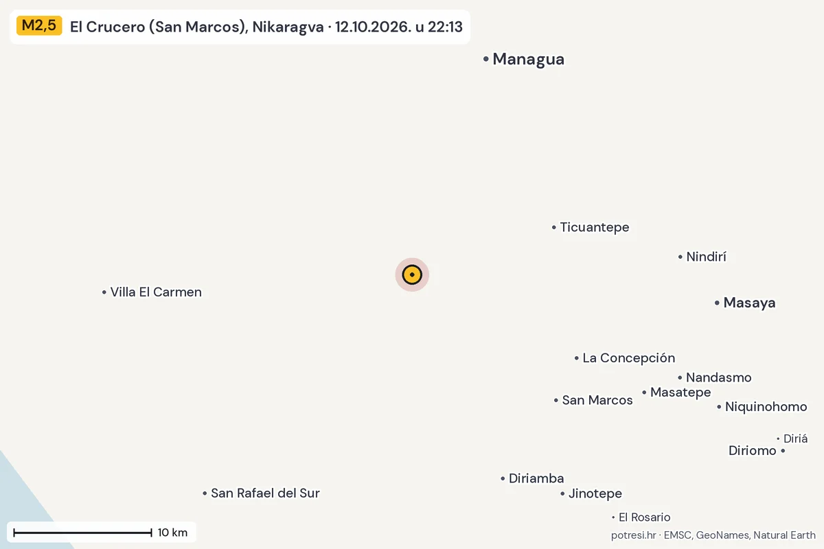 Karta: okolica epicentra, 60 km, potres M2,5, El Crucero (San Marcos), Nikaragva, 12.10.2026.