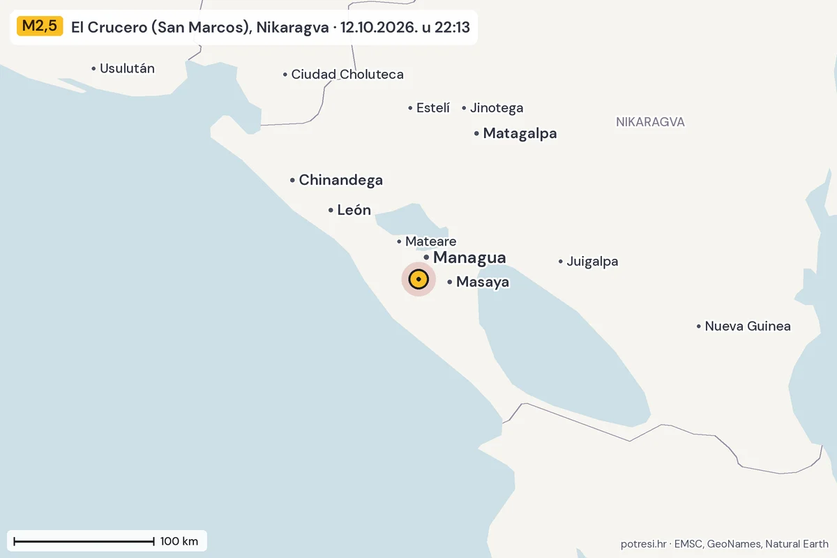 Karta: šire područje, 600 km, potres M2,5, El Crucero (San Marcos), Nikaragva, 12.10.2026.