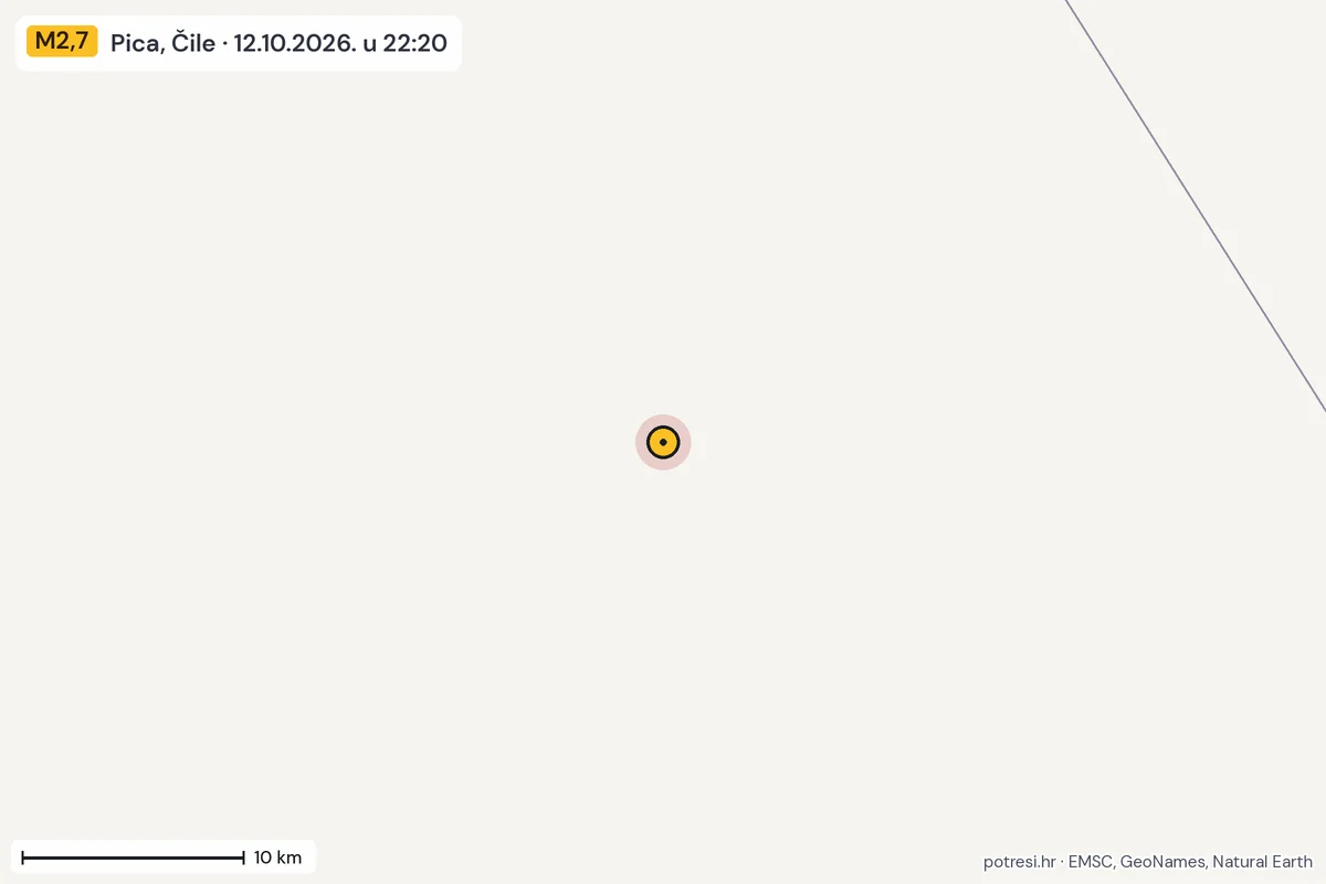 Karta: okolica epicentra, 60 km, potres M2,7, Pica, Čile, 12.10.2026.