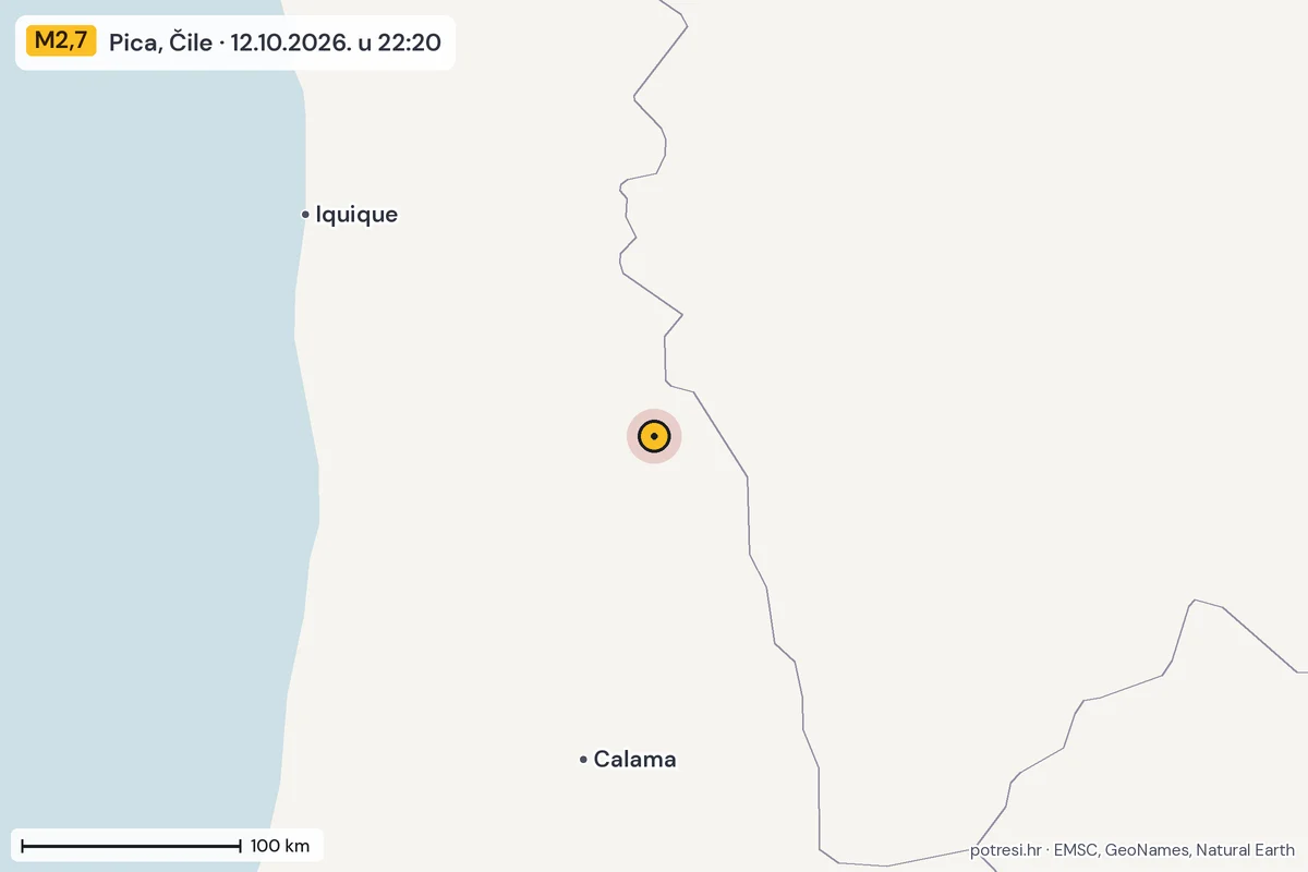 Karta: šire područje, 600 km, potres M2,7, Pica, Čile, 12.10.2026.