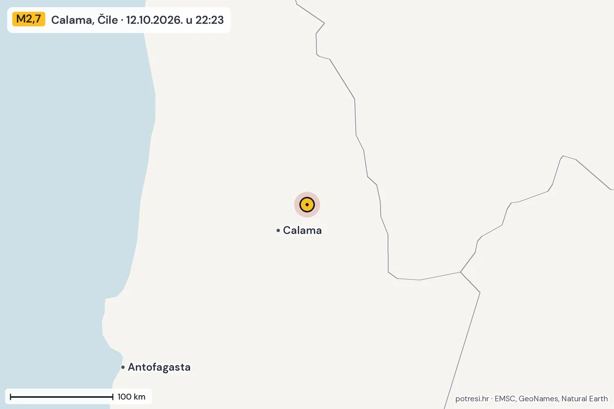 Karta: šire područje, 600 km, potres M2,7, Calama, Čile, 12.10.2026.