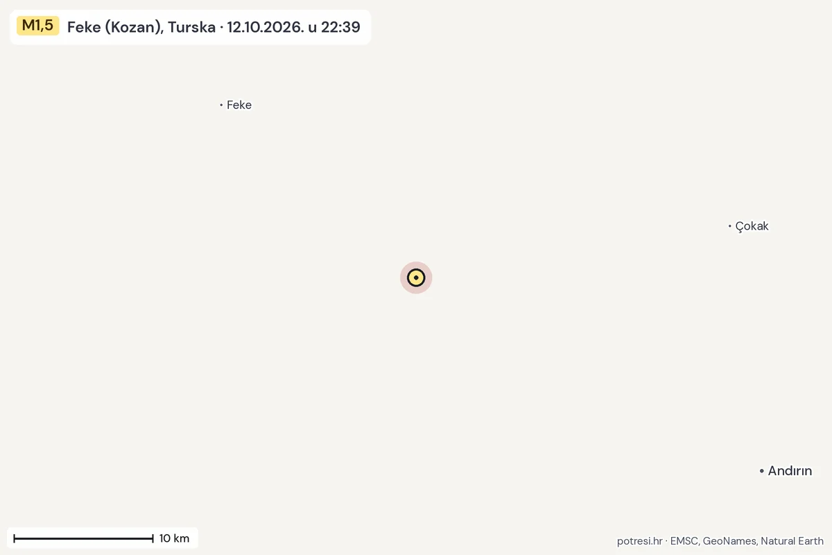 Karta: okolica epicentra, 60 km, potres M1,5, Feke (Kozan), Turska, 12.10.2026.