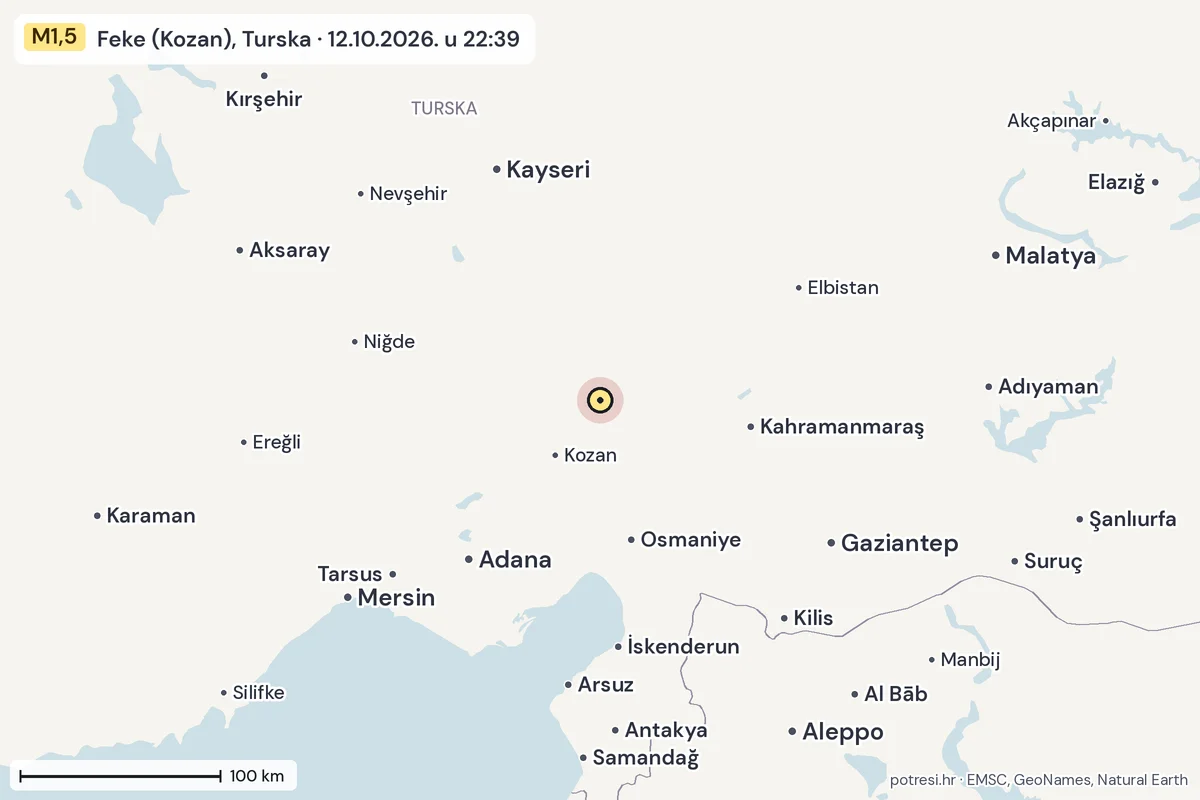 Karta: šire područje, 600 km, potres M1,5, Feke (Kozan), Turska, 12.10.2026.