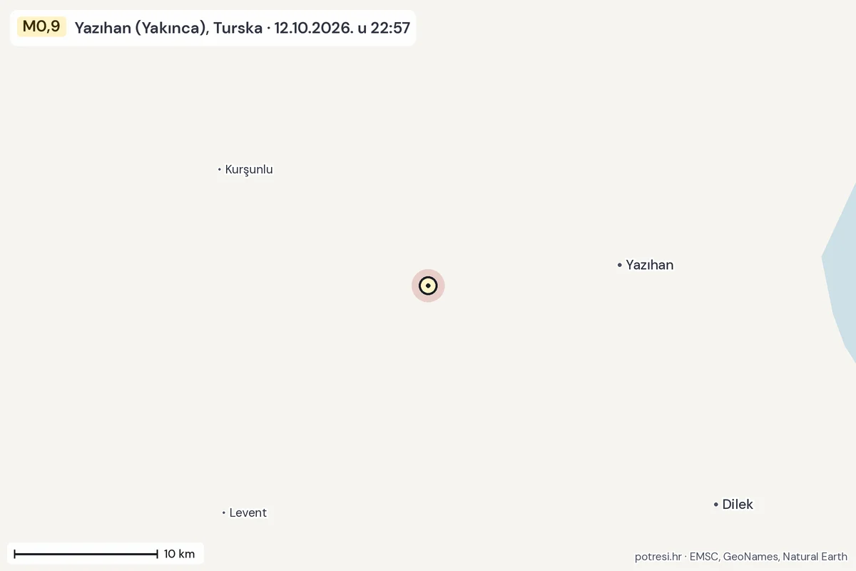 Karta: okolica epicentra, 60 km, potres M0,9, Yazıhan (Yakınca), Turska, 12.10.2026.