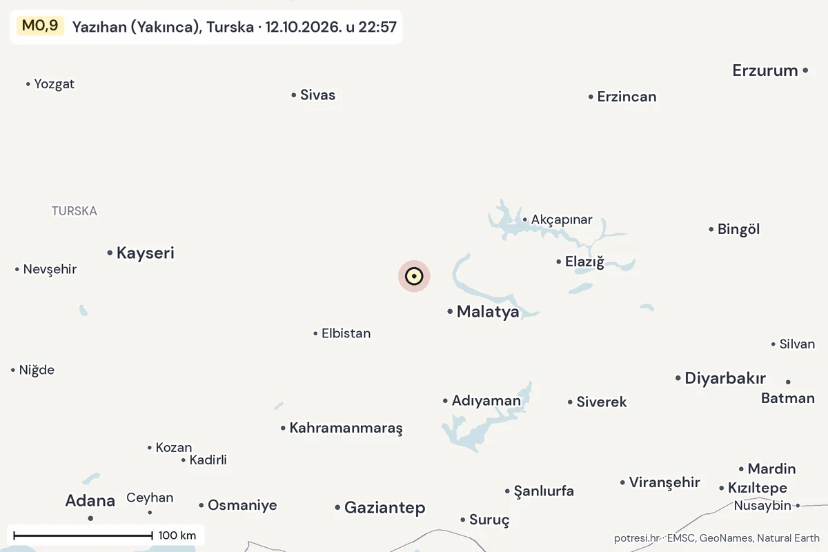 Karta: šire područje, 600 km, potres M0,9, Yazıhan (Yakınca), Turska, 12.10.2026.