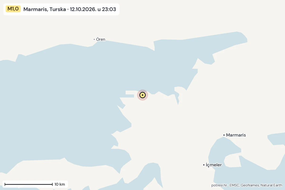 Karta: okolica epicentra, 60 km, potres M1,0, Marmaris, Turska, 12.10.2026.