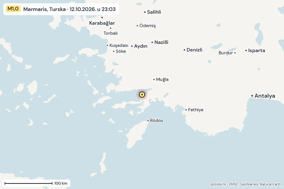 Karta: šire područje, 600 km, potres M1,0, Marmaris, Turska, 12.10.2026.