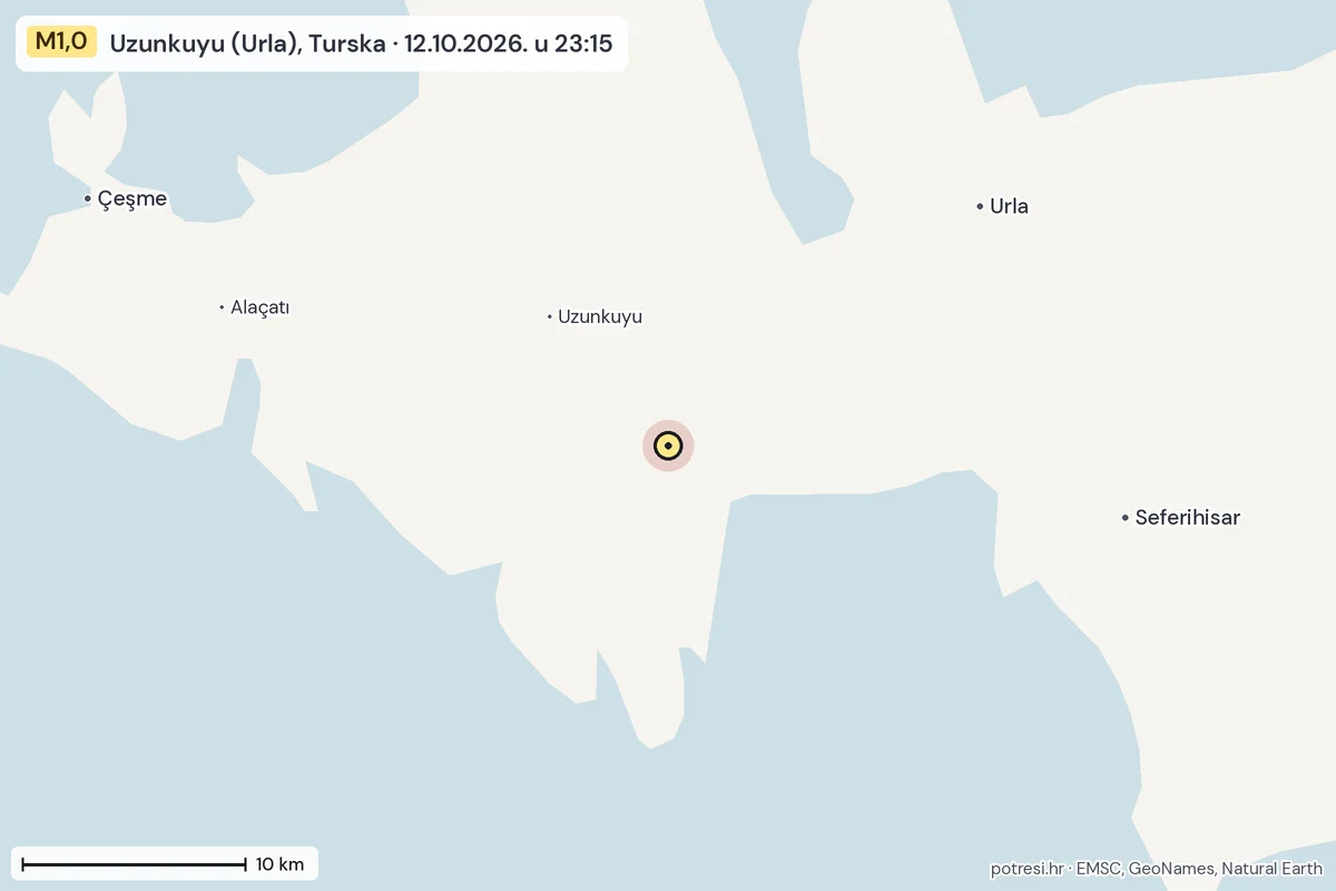 Karta: okolica epicentra, 60 km, potres M1,0, Uzunkuyu (Urla), Turska, 12.10.2026.