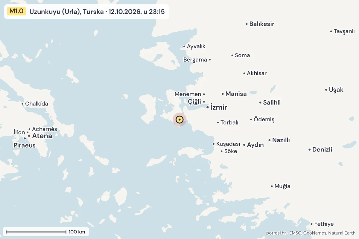 Karta: šire područje, 600 km, potres M1,0, Uzunkuyu (Urla), Turska, 12.10.2026.