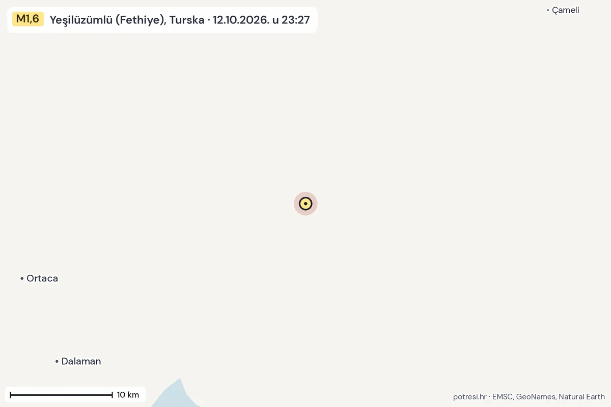 Karta: okolica epicentra, 60 km, potres M1,6, Yeşilüzümlü (Fethiye), Turska, 12.10.2026.