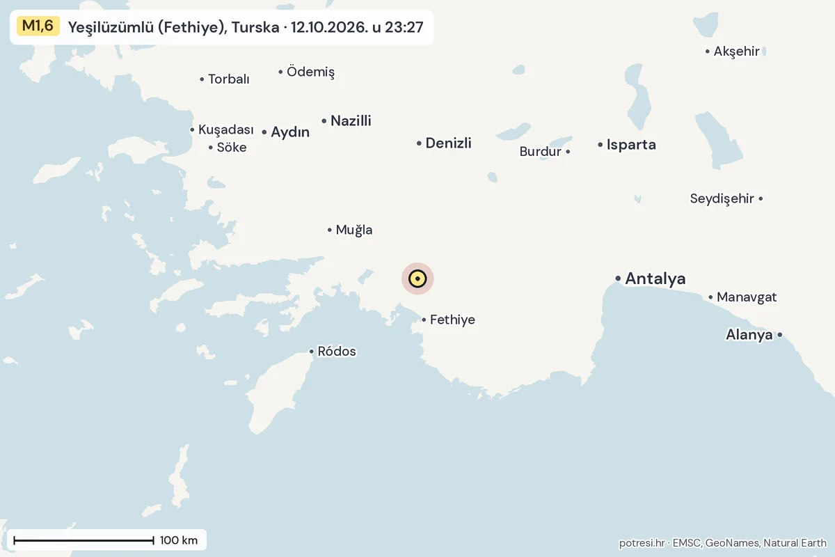 Karta: šire područje, 600 km, potres M1,6, Yeşilüzümlü (Fethiye), Turska, 12.10.2026.