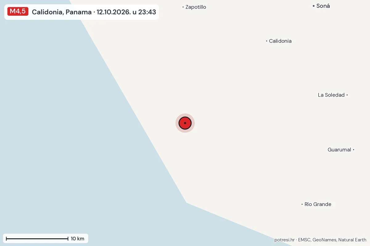 Karta: okolica epicentra, 60 km, potres M4,5, Río Grande, Panama, 12.10.2026.
