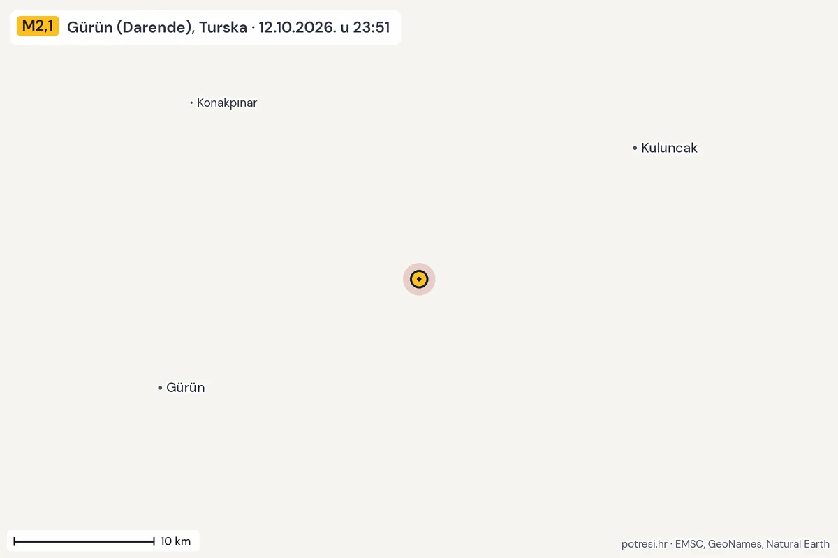 Karta: okolica epicentra, 60 km, potres M2,1, Gürün (Darende), Turska, 12.10.2026.