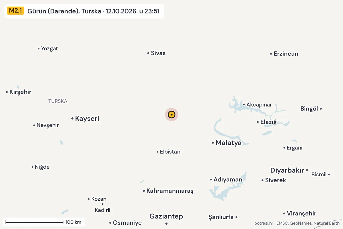 Karta: šire područje, 600 km, potres M2,1, Gürün (Darende), Turska, 12.10.2026.