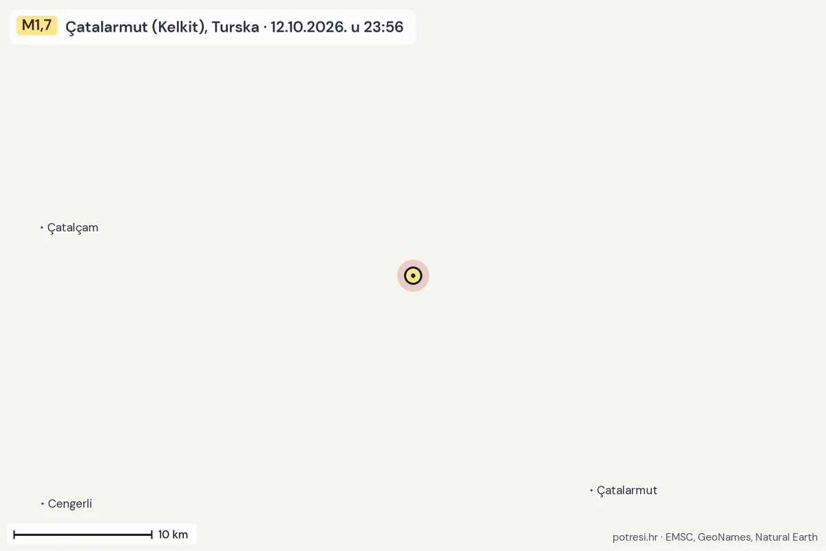 Karta: okolica epicentra, 60 km, potres M1,7, Çatalarmut (Kelkit), Turska, 12.10.2026.