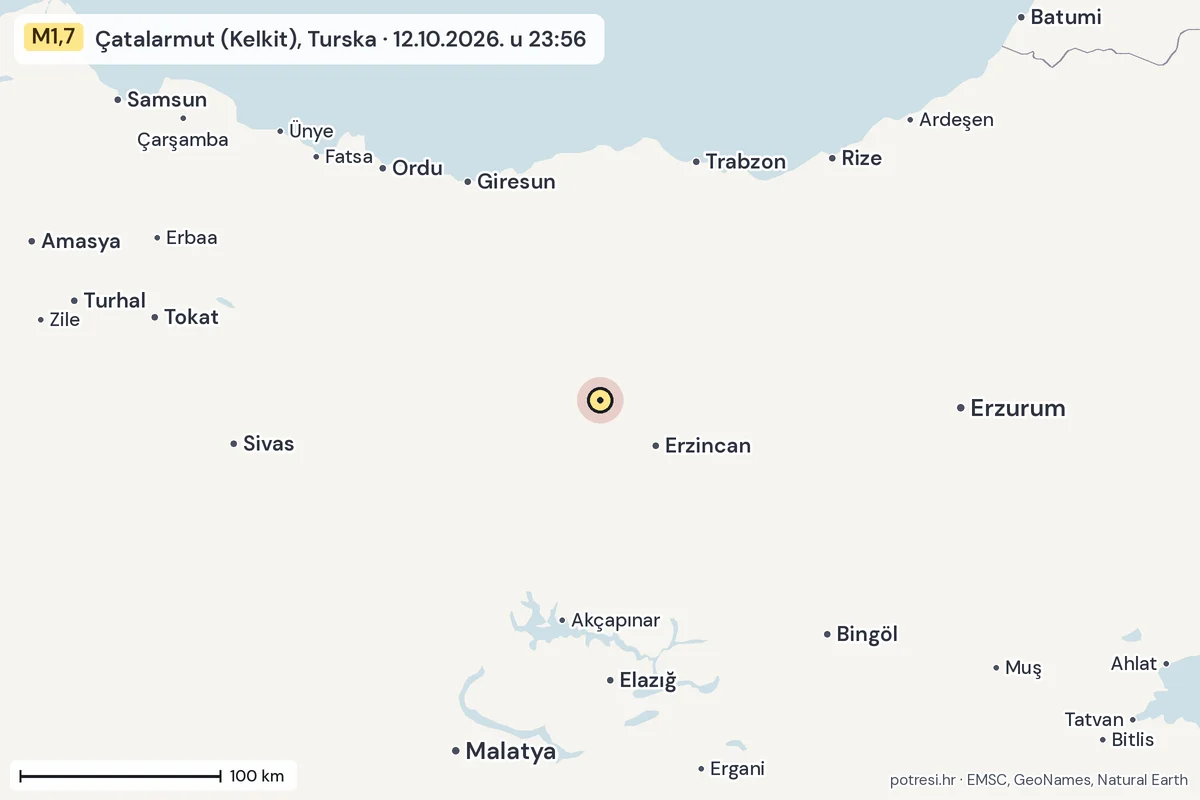 Karta: šire područje, 600 km, potres M1,7, Çatalarmut (Kelkit), Turska, 12.10.2026.