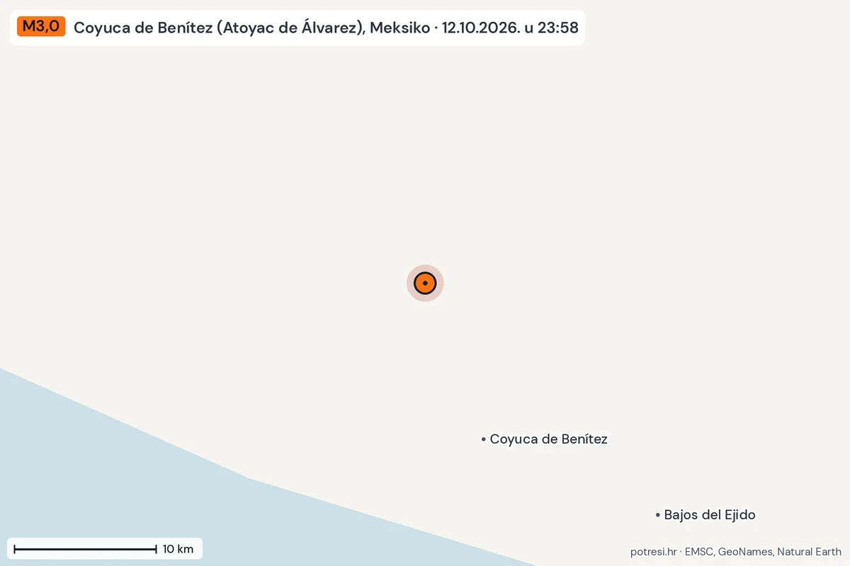 Karta: okolica epicentra, 60 km, potres M3,0, Coyuca de Benítez (Atoyac de Álvarez), Meksiko, 12.10.2026.