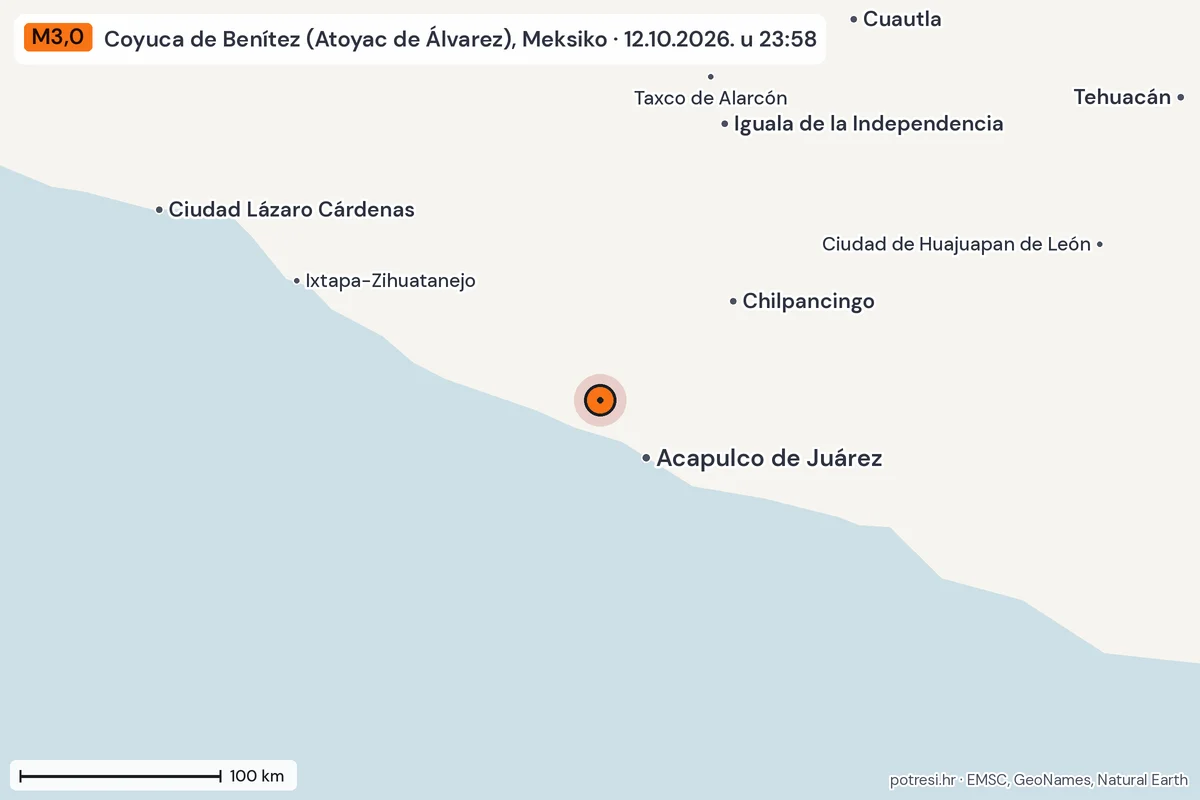 Karta: šire područje, 600 km, potres M3,0, Coyuca de Benítez (Atoyac de Álvarez), Meksiko, 12.10.2026.