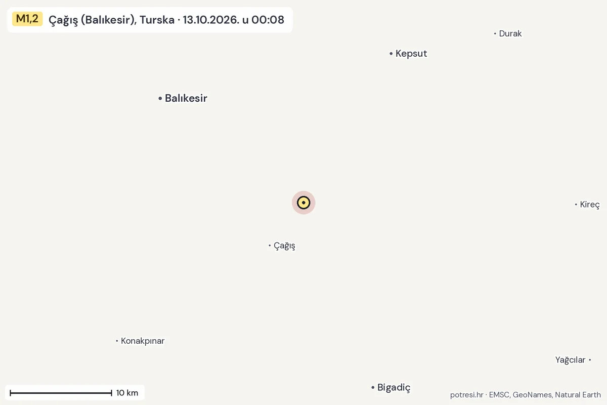 Karta: okolica epicentra, 60 km, potres M1,2, Çağış (Balıkesir), Turska, 13.10.2026.