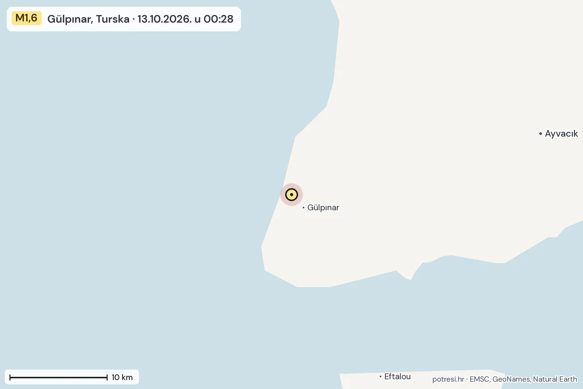 Karta: okolica epicentra, 60 km, potres M1,6, Gülpınar, Turska, 13.10.2026.