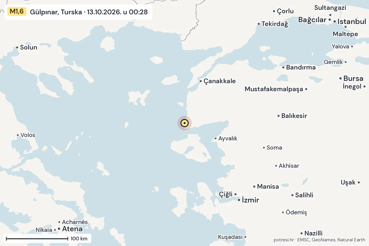 Karta: šire područje, 600 km, potres M1,6, Gülpınar, Turska, 13.10.2026.