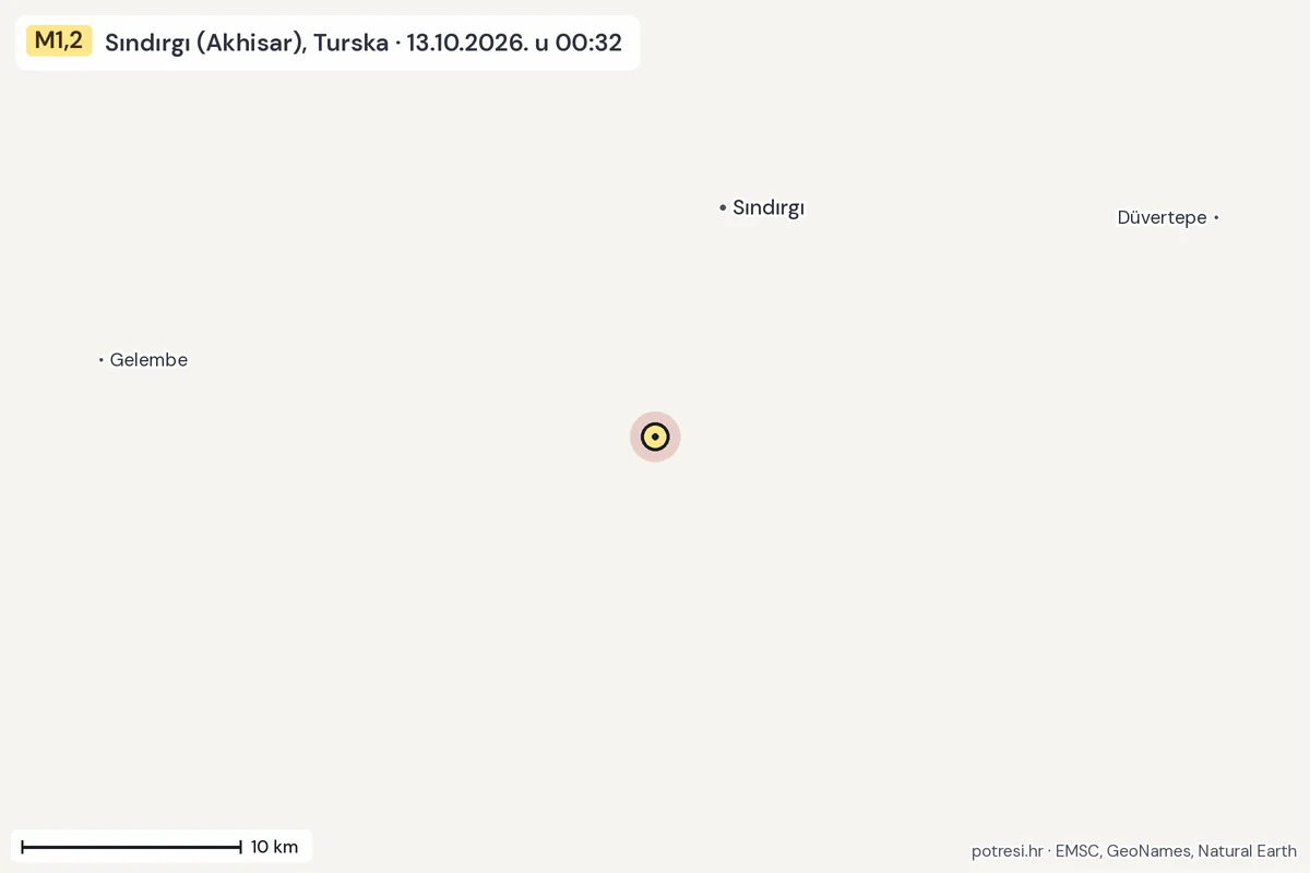 Karta: okolica epicentra, 60 km, potres M1,2, Sındırgı (Akhisar), Turska, 13.10.2026.