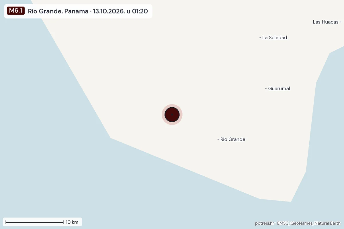 Karta: okolica epicentra, 60 km, potres M6,1, Río Grande, Panama, 13.10.2026.
