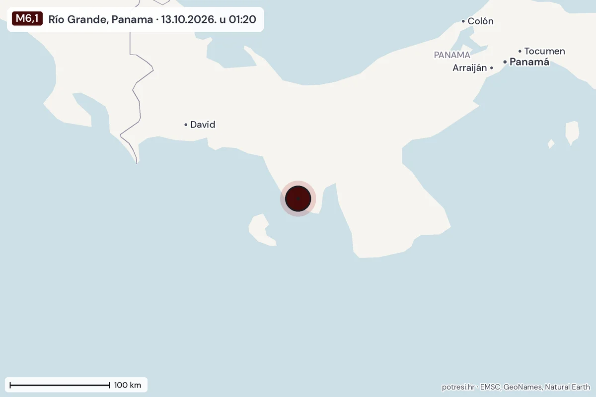 Karta: šire područje, 600 km, potres M6,1, Río Grande, Panama, 13.10.2026.