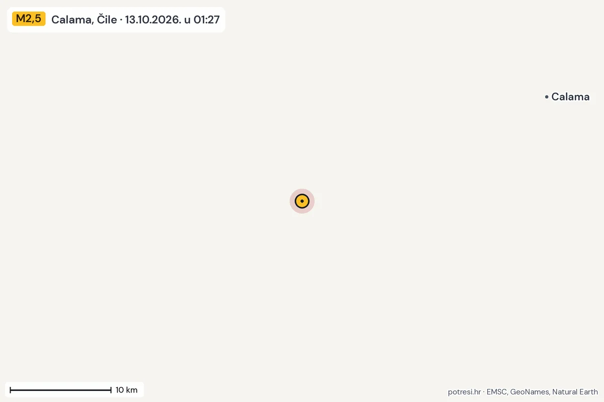 Karta: okolica epicentra, 60 km, potres M2,5, Calama, Čile, 13.10.2026.
