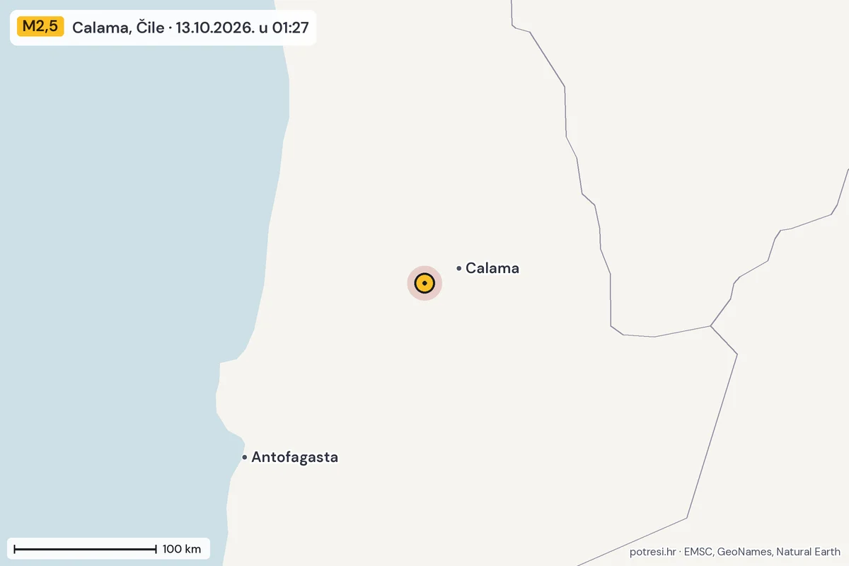 Karta: šire područje, 600 km, potres M2,5, Calama, Čile, 13.10.2026.