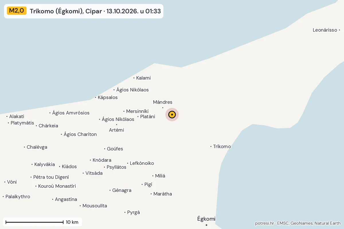 Karta: okolica epicentra, 60 km, potres M2,0, Tríkomo (Égkomi), Cipar, 13.10.2026.