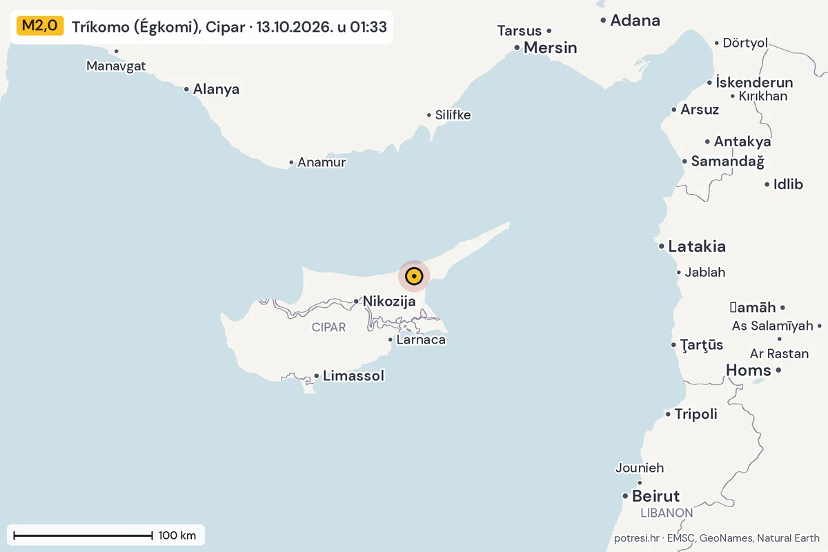 Karta: šire područje, 600 km, potres M2,0, Tríkomo (Égkomi), Cipar, 13.10.2026.
