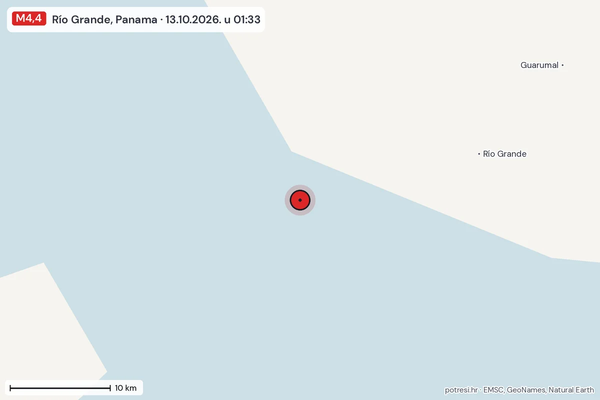Karta: okolica epicentra, 60 km, potres M4,4, Río Grande, Panama, 13.10.2026.