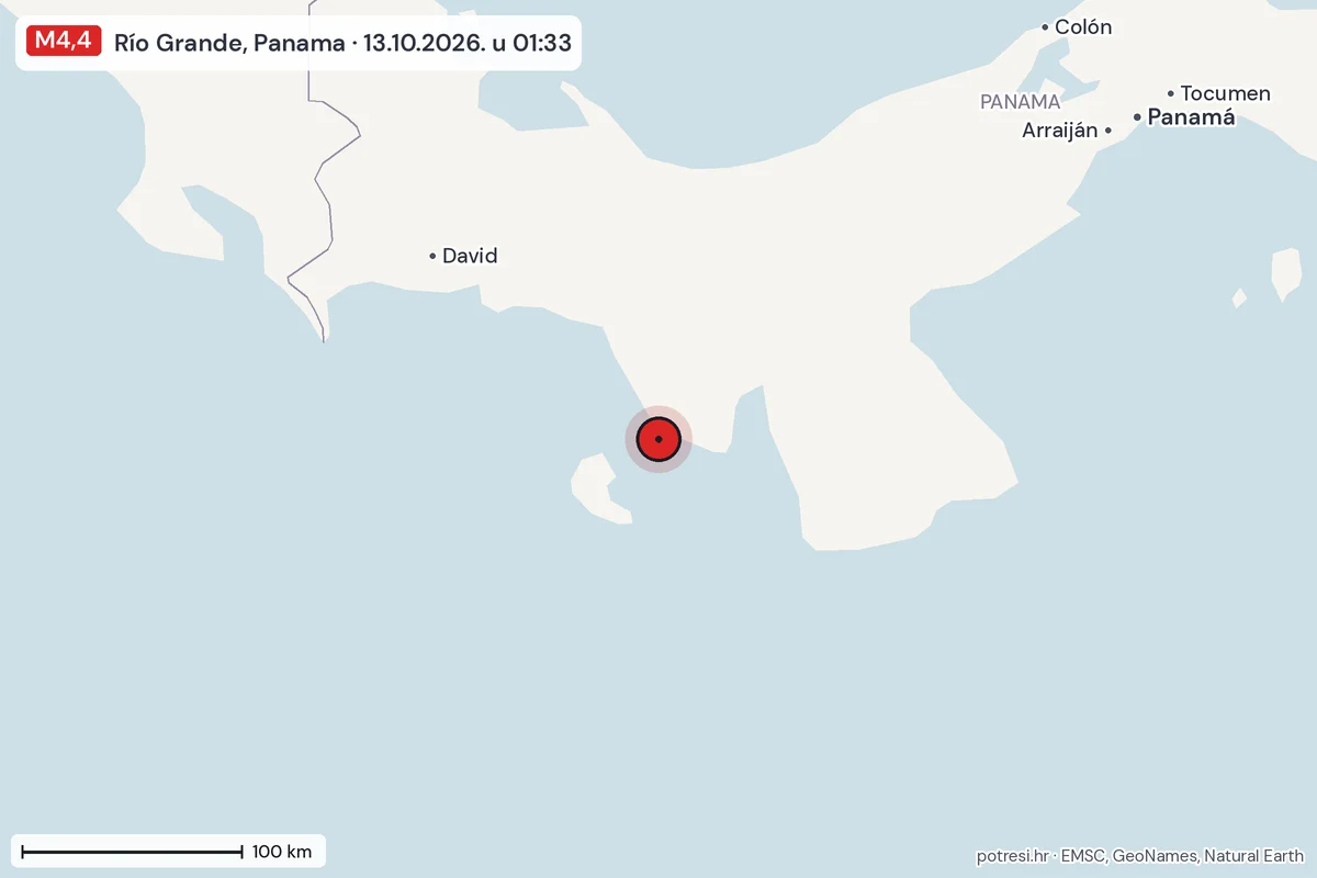 Karta: šire područje, 600 km, potres M4,4, Río Grande, Panama, 13.10.2026.